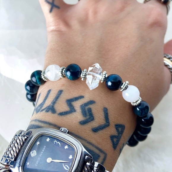 Genuine Herkimer diamond & blue tiger eye gemstones bead boho crystal bracelet - Picture 13 of 16